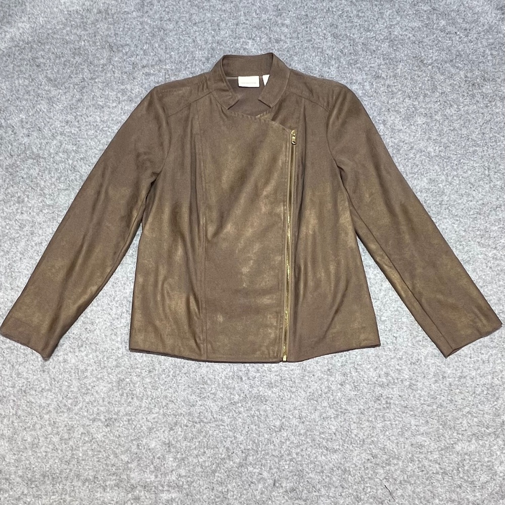 Chicos Faux Suede Metallic Gold Sheen Moto Jacket Brown Asymmetrical Zip Size 1